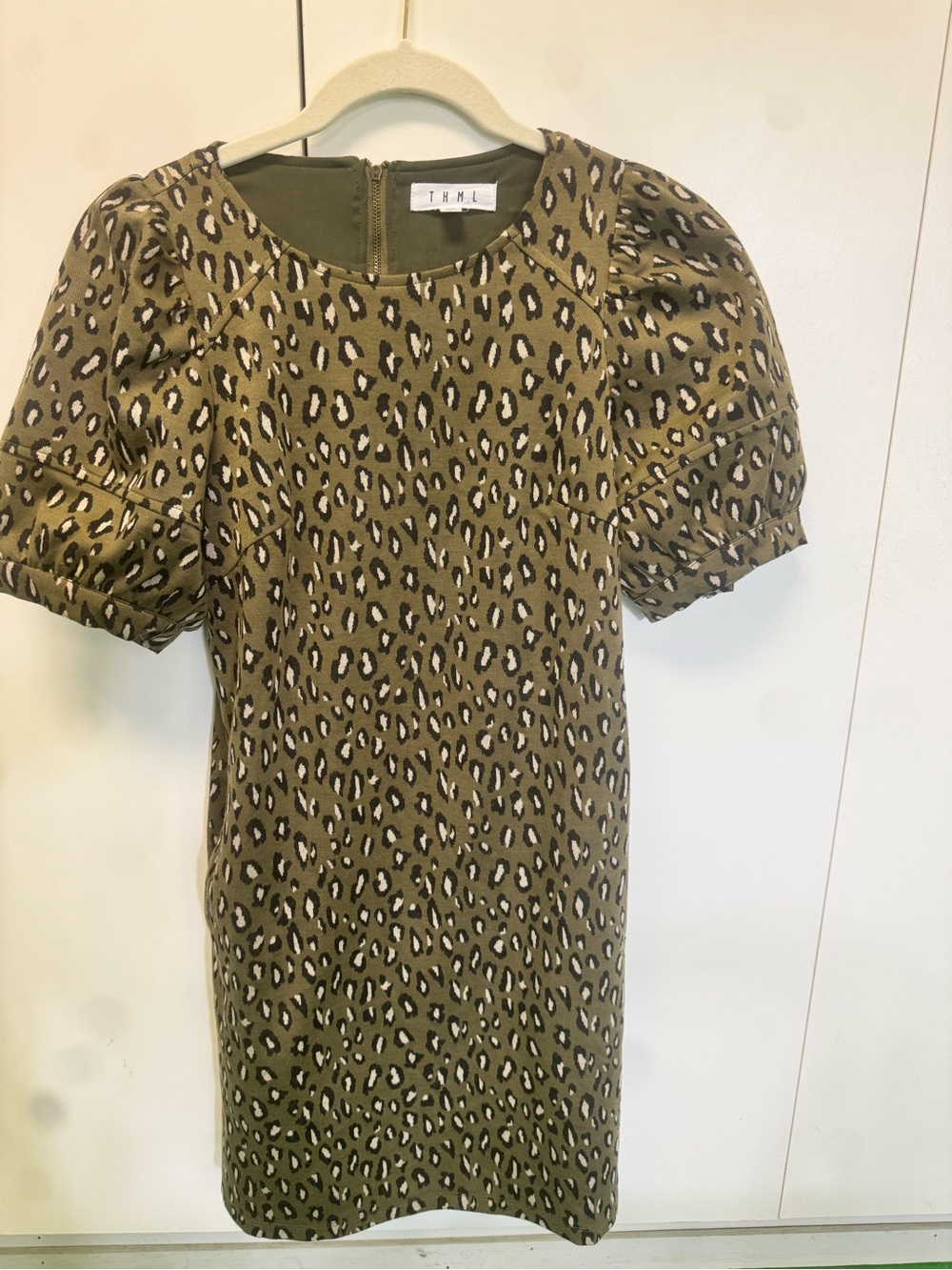 THML Olive Leopard Print Puff Sleeve Dress